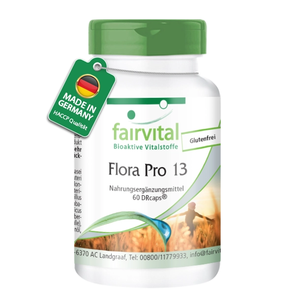 Flora Pro 13 - 60 Kapseln - Schluckfreundlich - 13 Bakterienstämme & 41;5 Milliarden Kulturen pro Kapsel - Hochdosiert | Fairvital